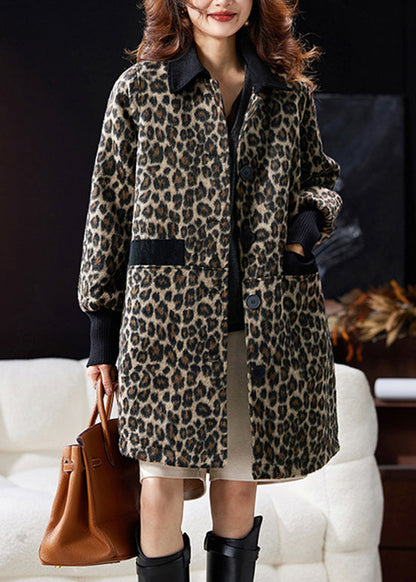 Leopard Peter Pan Collar Pockets Patchwork Woolen Coat Winter