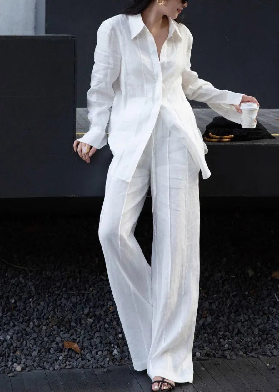 White Button Linen Shirts and Wide Leg Pants Two Pieces Set Spring