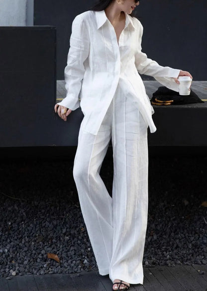 White Button Linen Shirts and Wide Leg Pants Two Pieces Set Spring