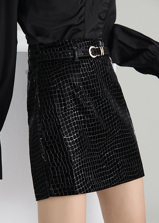 Black Zip Up Wrinkled Faux Leather Skirts Spring