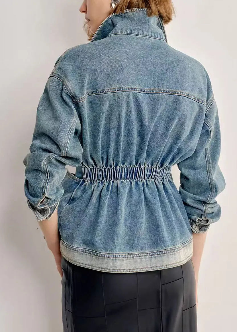 Italian Gradient Color Peter Pan Collar With Pockets Denim Coats Fall