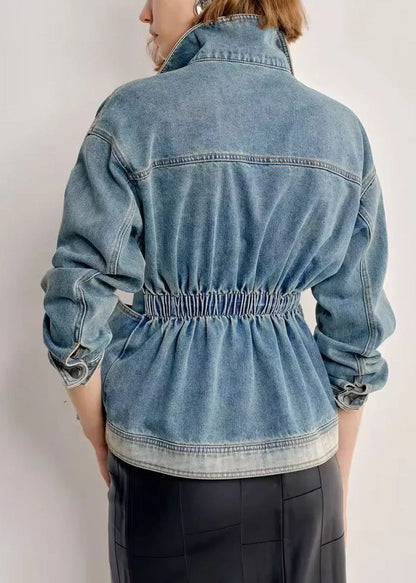 Italian Gradient Color Peter Pan Collar With Pockets Denim Coats Fall