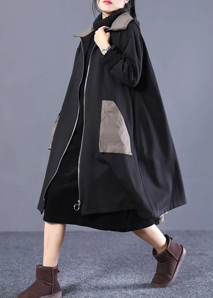 Black Hooded Zip Up Pockets Patchwork Cotton Trench Coats Outwear Fall