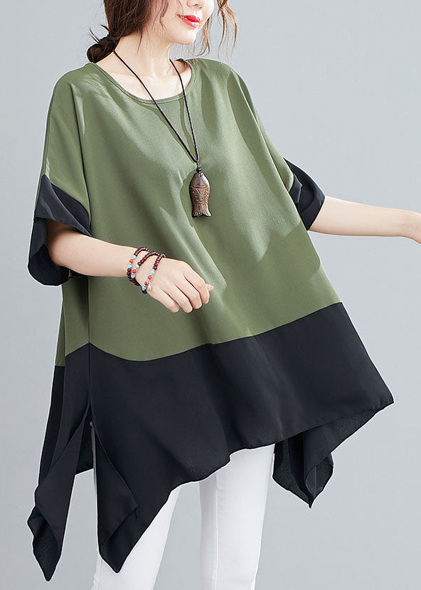 Green O Neck Patchwork Chiffon T Shirts Top Summer