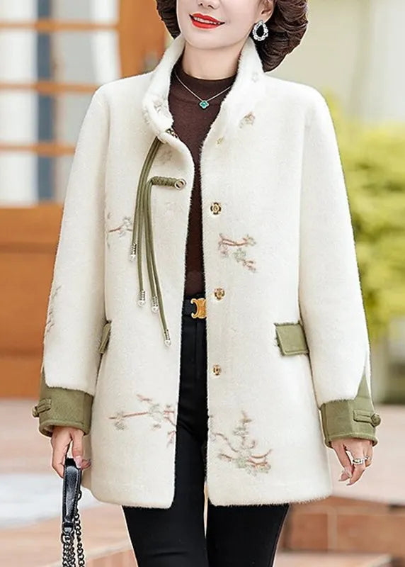 Green Pockets Print Mink Velvet Coats Long Sleeve