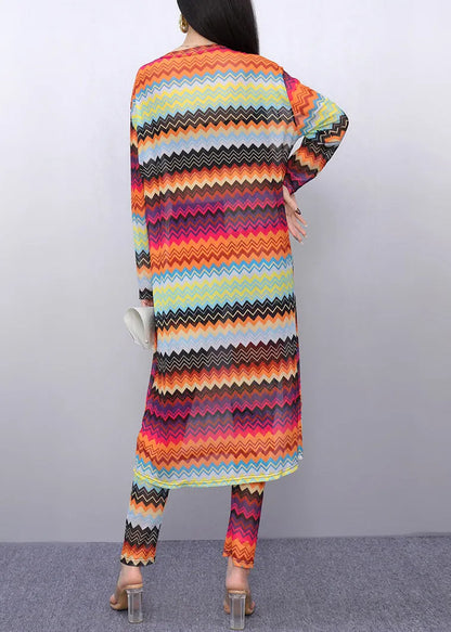 Novelty Rainbow Striped Tulle Long Dress and Pants Two Pieces Set Fall