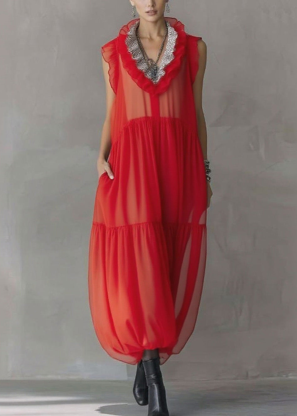 Red Ruffled Patchwork Chiffon Long Dress Sleeveless