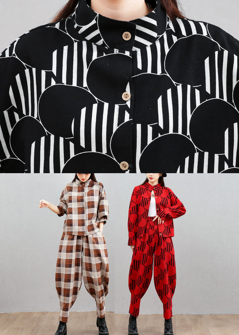 French Red Stand Collar Shirts and Beam Pants Two Pieces Set Long Sleeve Spring