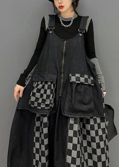Black Patchwork Cotton Denim Strap Dresses Spring