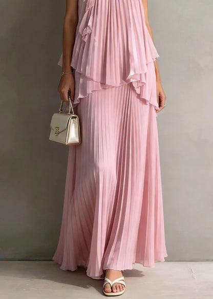 Holiday Style Pink Pleated Top and Skirts Chiffon Two Pieces Set Summer