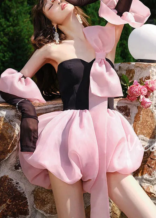 Pink Bow Patchwork Lace Up Strapless Jumpsuit Summer