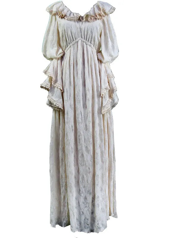 Beige Ruffled Silk Velour Long Dresses Puff Sleeve