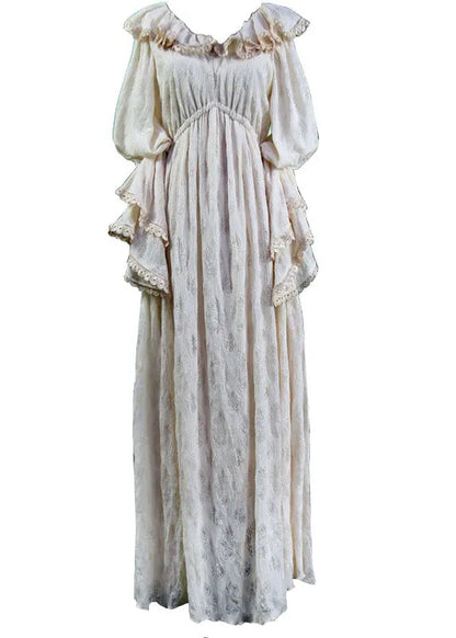 Beige Ruffled Silk Velour Long Dresses Puff Sleeve