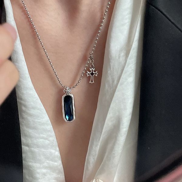 Sterling Silver Blue Round Bead Cross Pendant Necklace