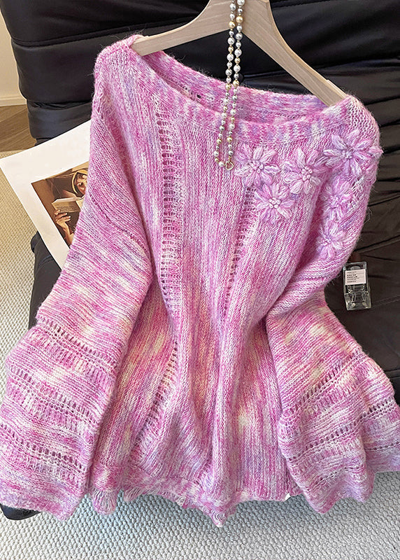 Pink Hollow Out Cozy Knit Sweater Tops Fall