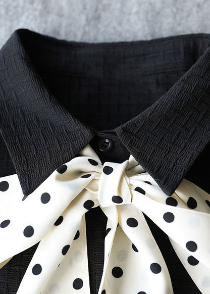 Black Peter Pan Collar Patchwork Plaid Bow Necktie Cotton Pleated Dress Long Sleeve