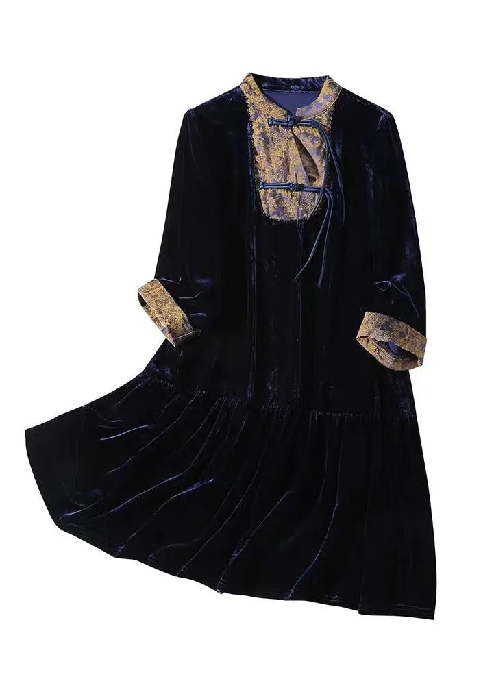 Purple Stand Collar Tasseled Patchwork Velour Mid Dress Fall