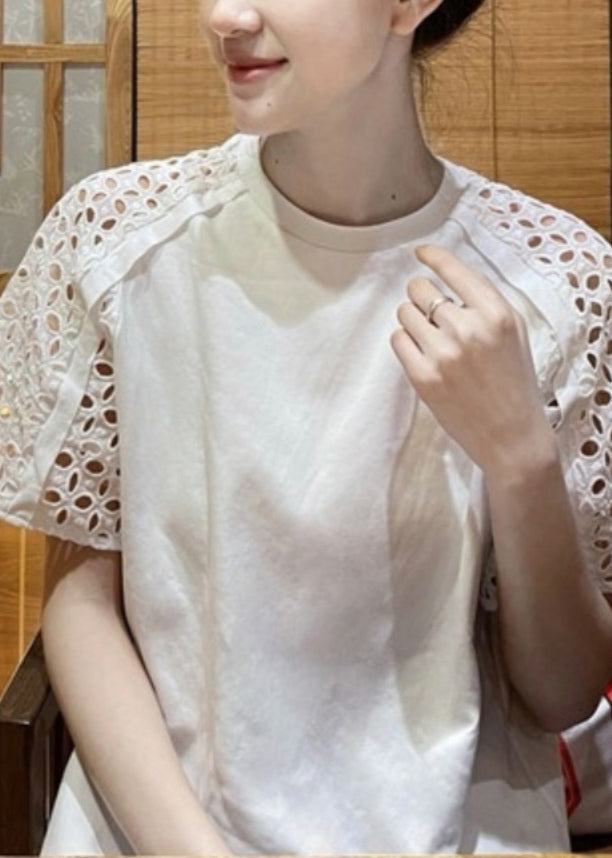 White O-neck Hollow Out T Shirt Short Sleeve