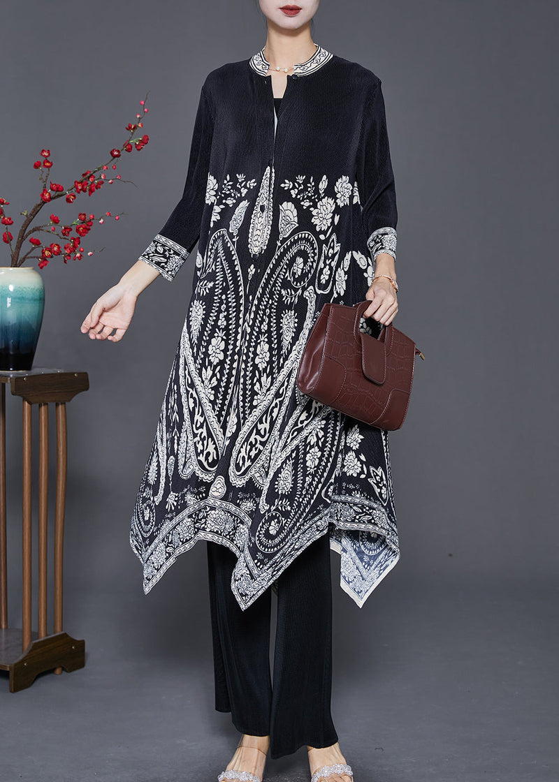 Black Print Silk Dress and Pant Two Piece Set Outfits Asymmetrical Fall