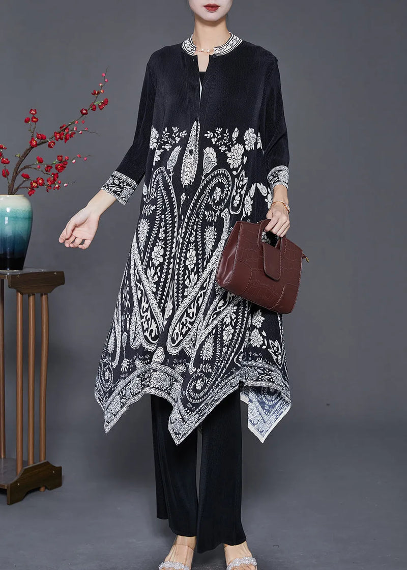 Black Print Silk Dress and Pant Two Piece Set Outfits Asymmetrical Fall