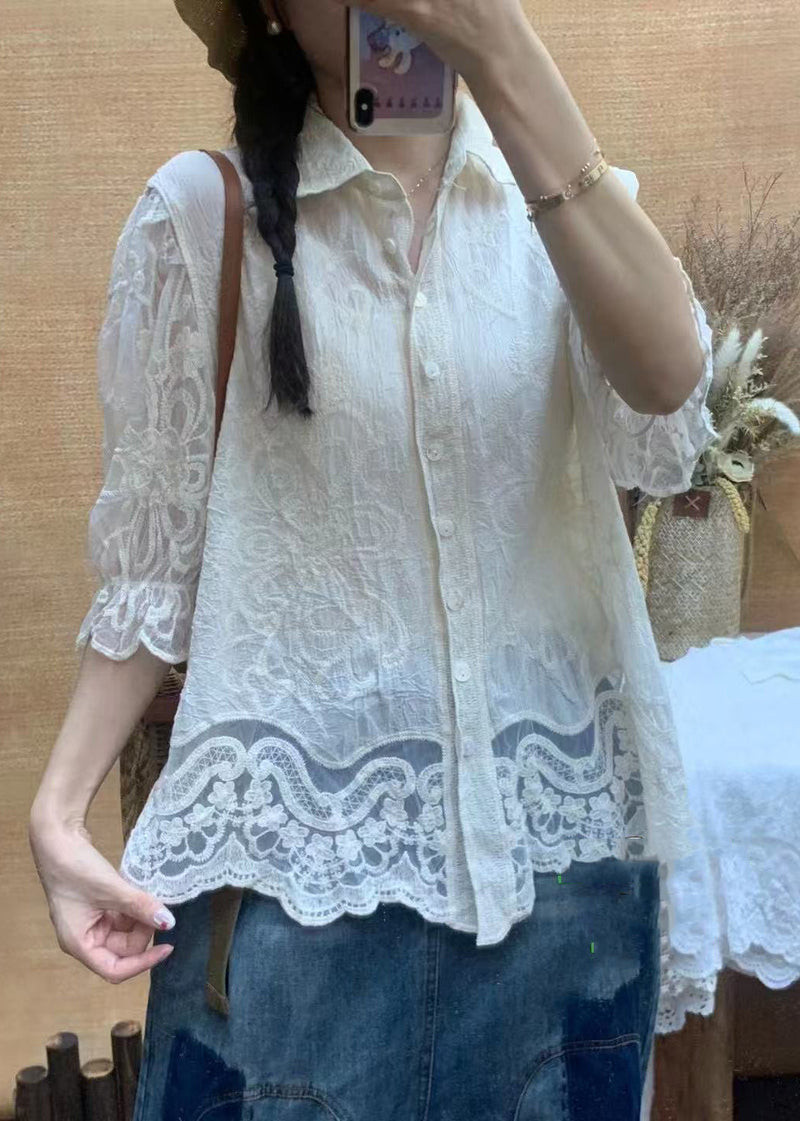 White Embroidered Cotton Top Half Sleeve
