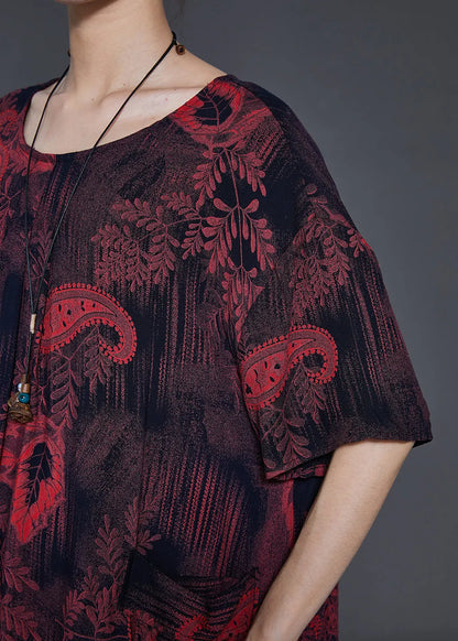 Classy Dull Red Print Pockets Cotton Long Dress Summer