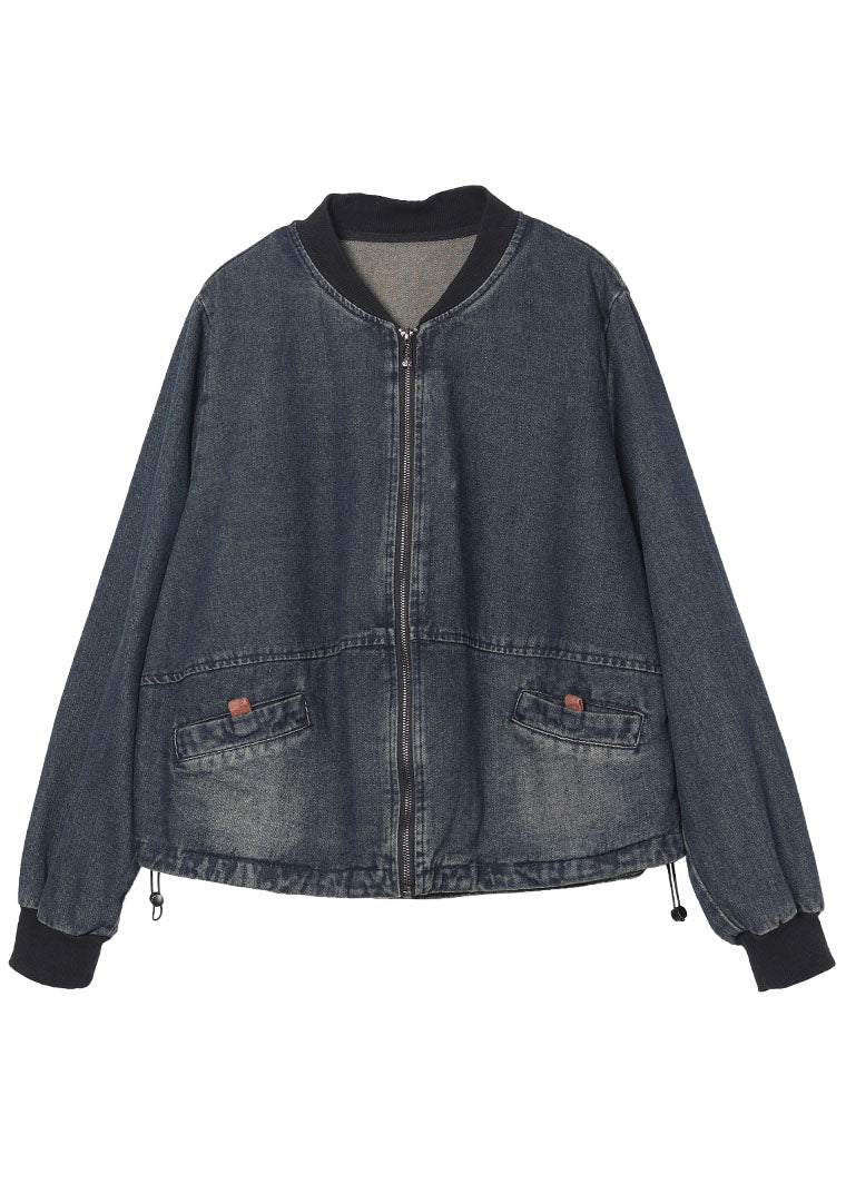 Blue Loose Zippered Pockets Fall Denim Long Sleeve Jackets