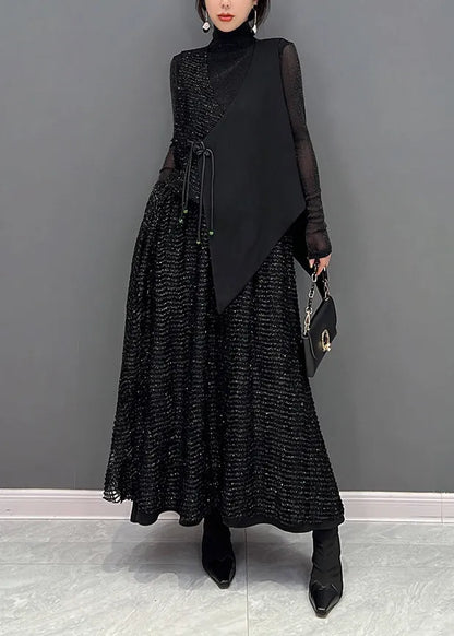 Autumn New Black Sleeveless Vest and Skirts Two Piece Set