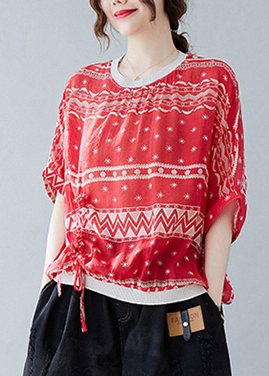 Vogue Red O-neck Print Drawstring T Shirt Summer