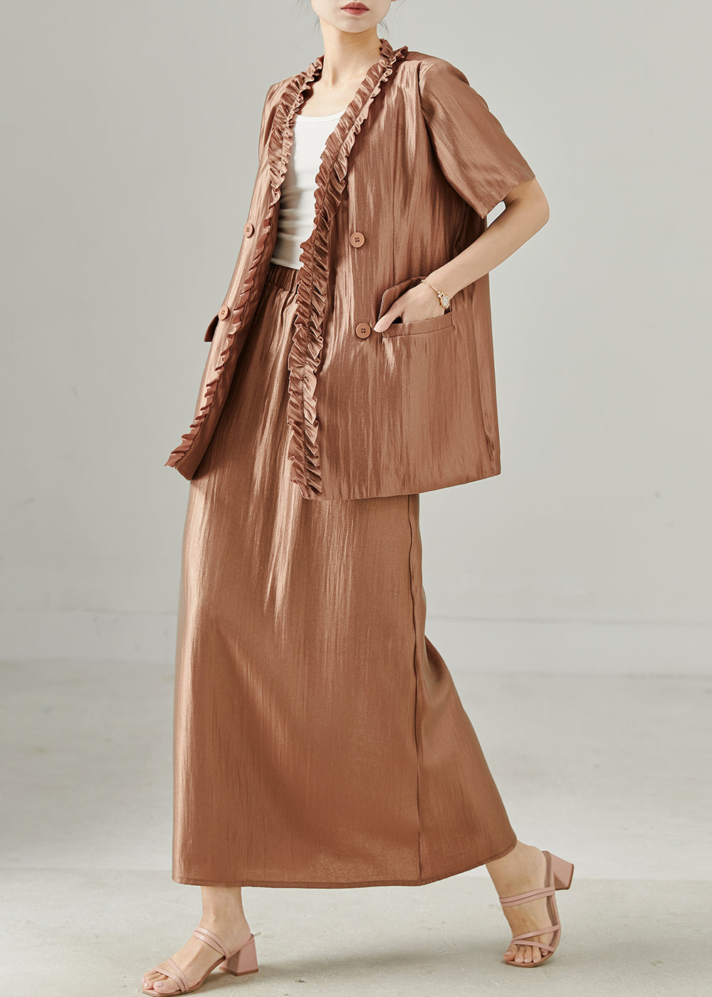 Stylish Brown Ruffled Silk Sets 2 Pieces Summer