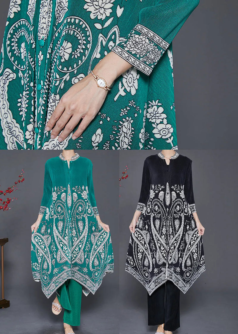 Black Print Silk Dress and Pant Two Piece Set Outfits Asymmetrical Fall