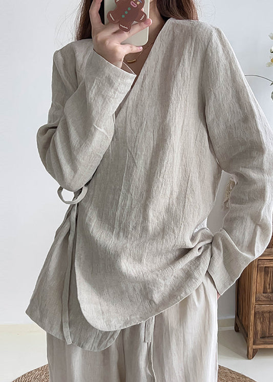 Chinese Style White V Neck Lace Up Linen Shirt Top Spring