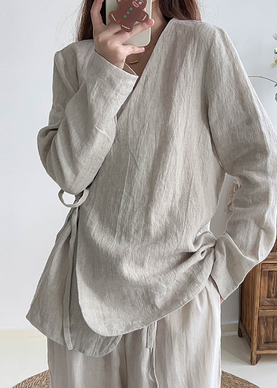 Chinese Style White V Neck Lace Up Linen Shirt Top Spring