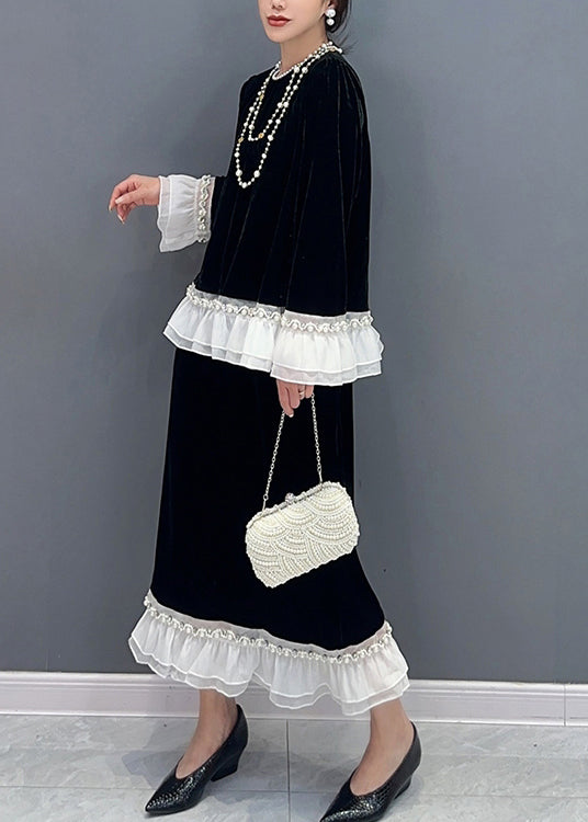 Classy Black O-neck Ruffled Tops and Skirts Velour Two Pieces Set Fall