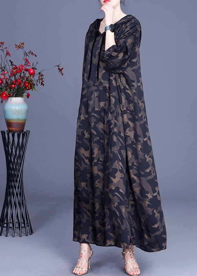 Camouflage Hooded Print Summer Silk Long Dresses