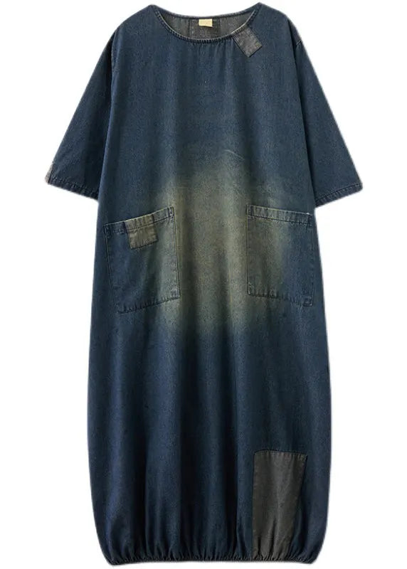 Baggy Blue O-neck Pockets Patchwork Denim Dresses Half Sleeve