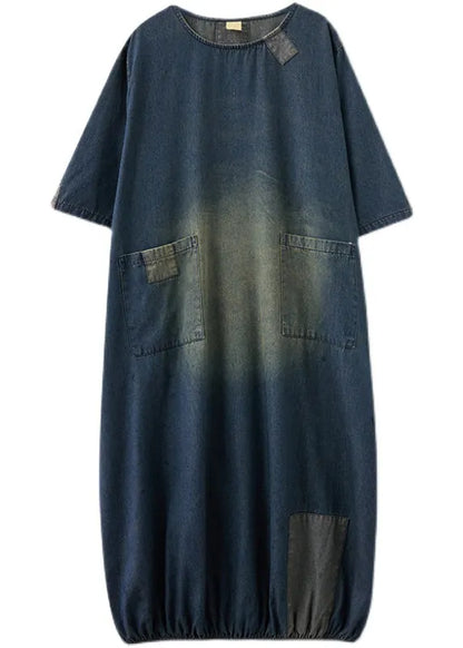 Baggy Blue O-neck Pockets Patchwork Denim Dresses Half Sleeve