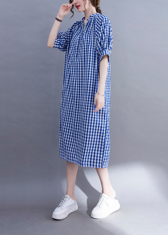 Loose Blue V Neck Side Open Plaid Cotton Dress Short Sleeve