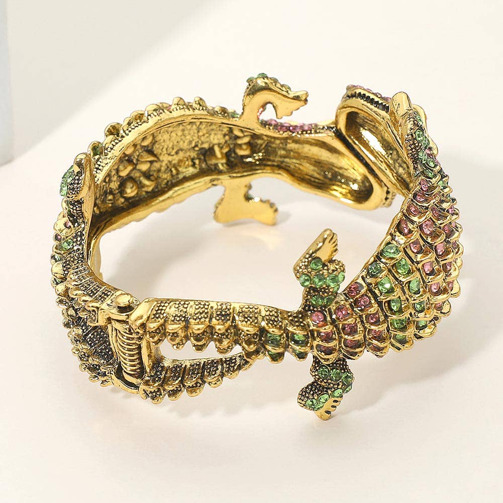 Double Crocodile/alligator Evening Hinged Cuff Bracelet: Pink&green