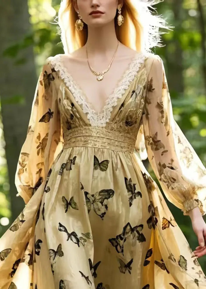 French Champagne Butterfly Silk Party Dress Spring