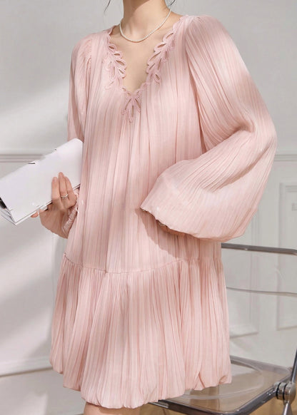 Pink V Neck Mid Dress Spring