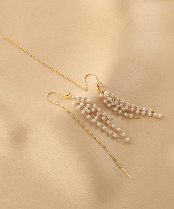 Gold Sterling Silver Alloy Pearl Tassel Drop Earrings