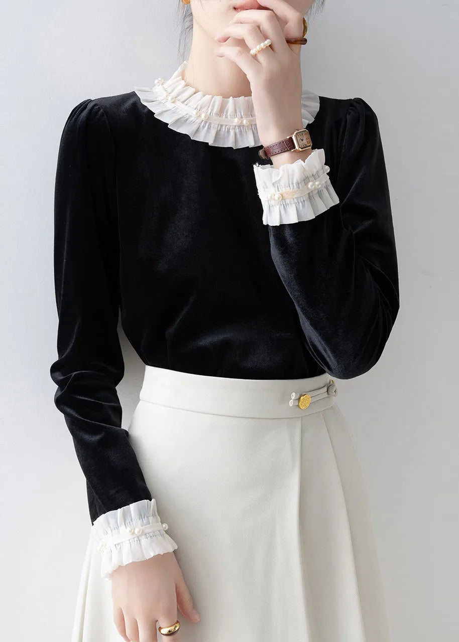 Black Ruffled Patchwork Silk Velour Shirt Top Spring