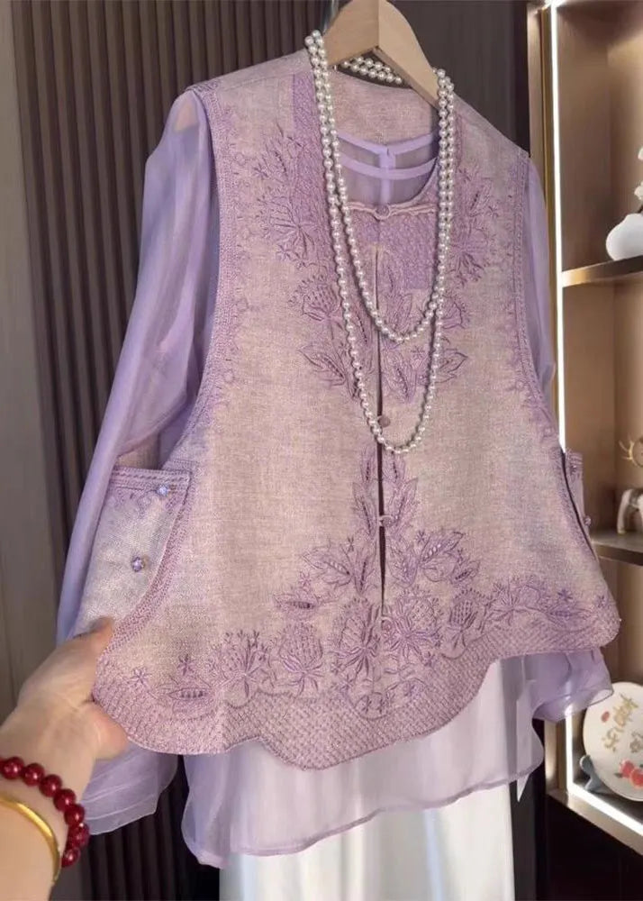 Chinese Style Purple Embroidered Waistcoat and Tops Two-piece Set Fall