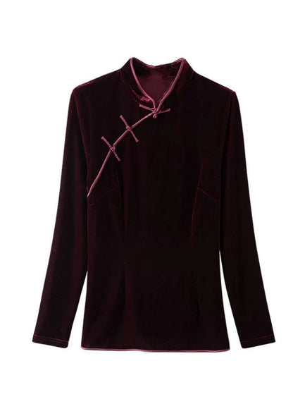 Mulberry Stand Collar Chinese Button Patchwork Velour Shirts Fall