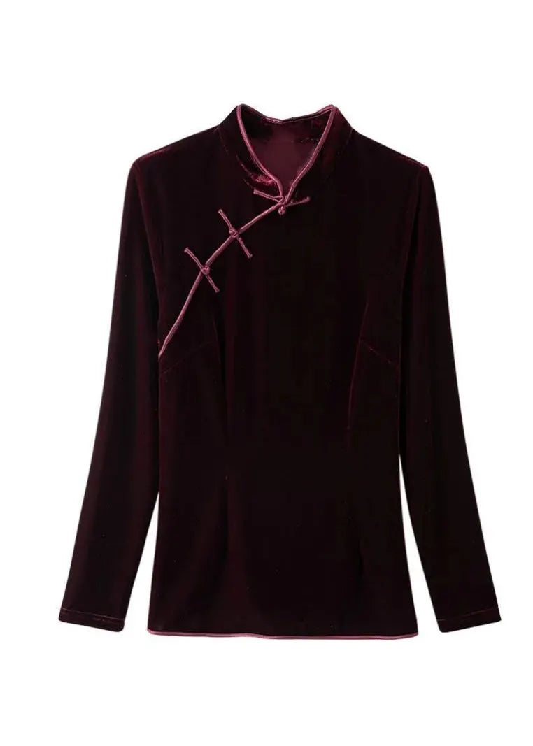 Mulberry Stand Collar Chinese Button Patchwork Velour Shirts Fall