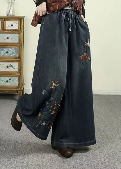 Style Warm Fleece Embroidered Denim Wide Leg Pants
