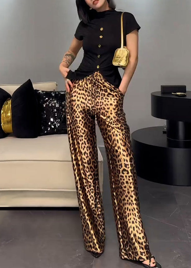French Wear on Both Sides Tops and Leopard Pants Cotton Two-piece Set Summer