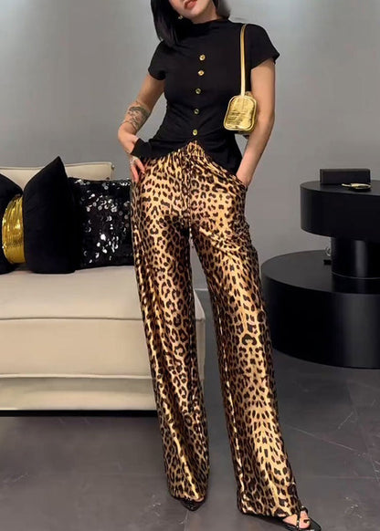 French Wear on Both Sides Tops and Leopard Pants Cotton Two-piece Set Summer