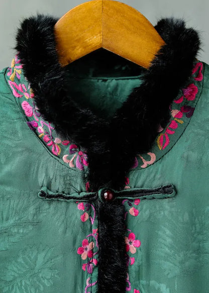 Chinese Style Green Rabbit Hair Collar Embroideried Thick Cotton Waistcoat Sleeveless